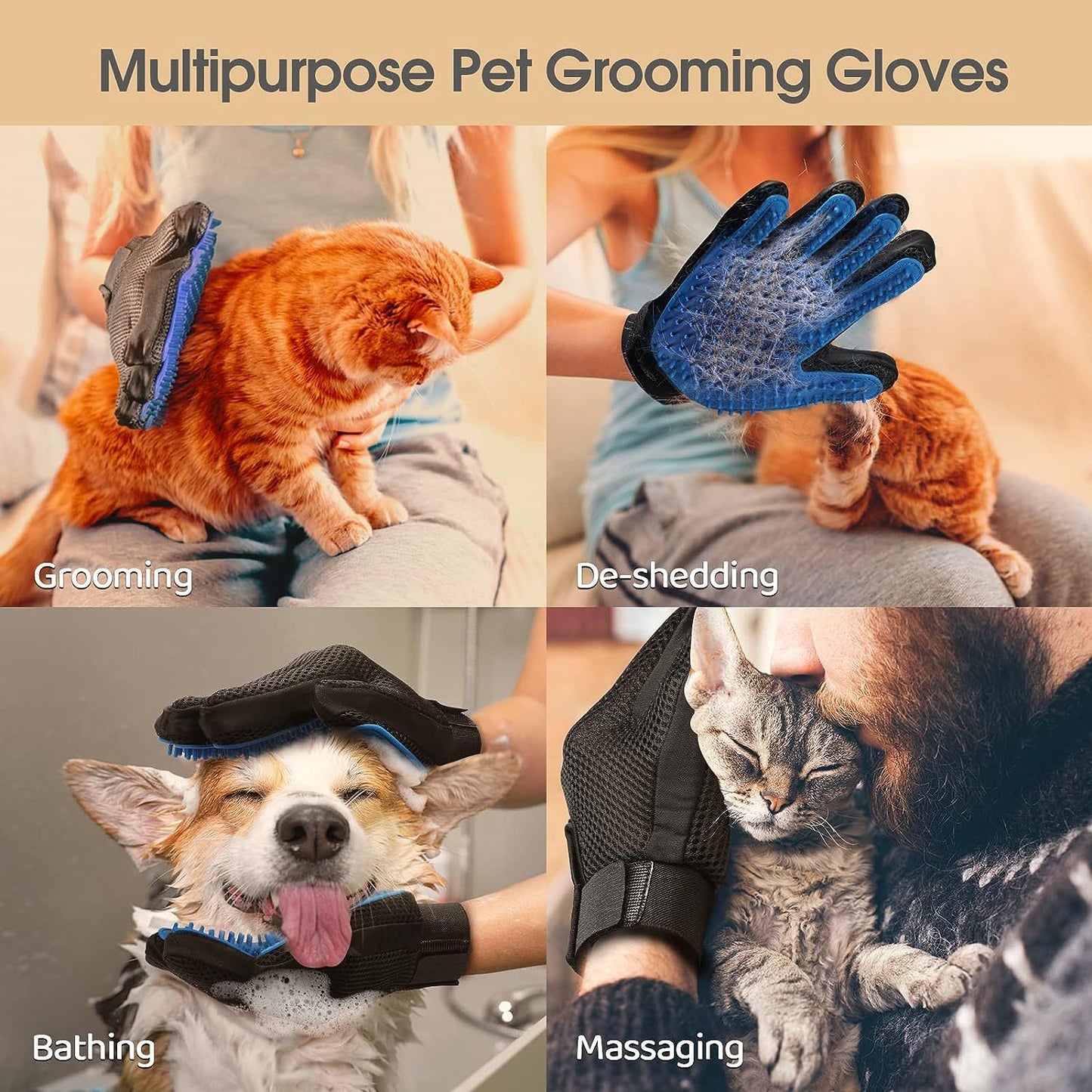 Pet Grooming Gloves For Gentle Shedding Efficient Pets Hair Remover