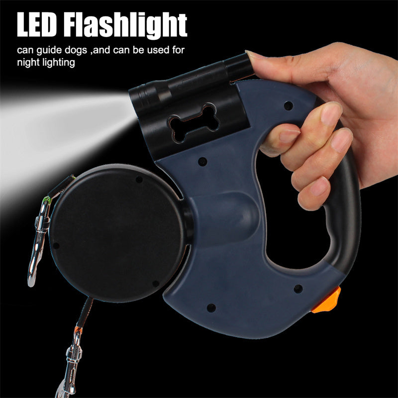 360 Swivel Retractable Reflective Dual Pet Leash W LED Flashlight