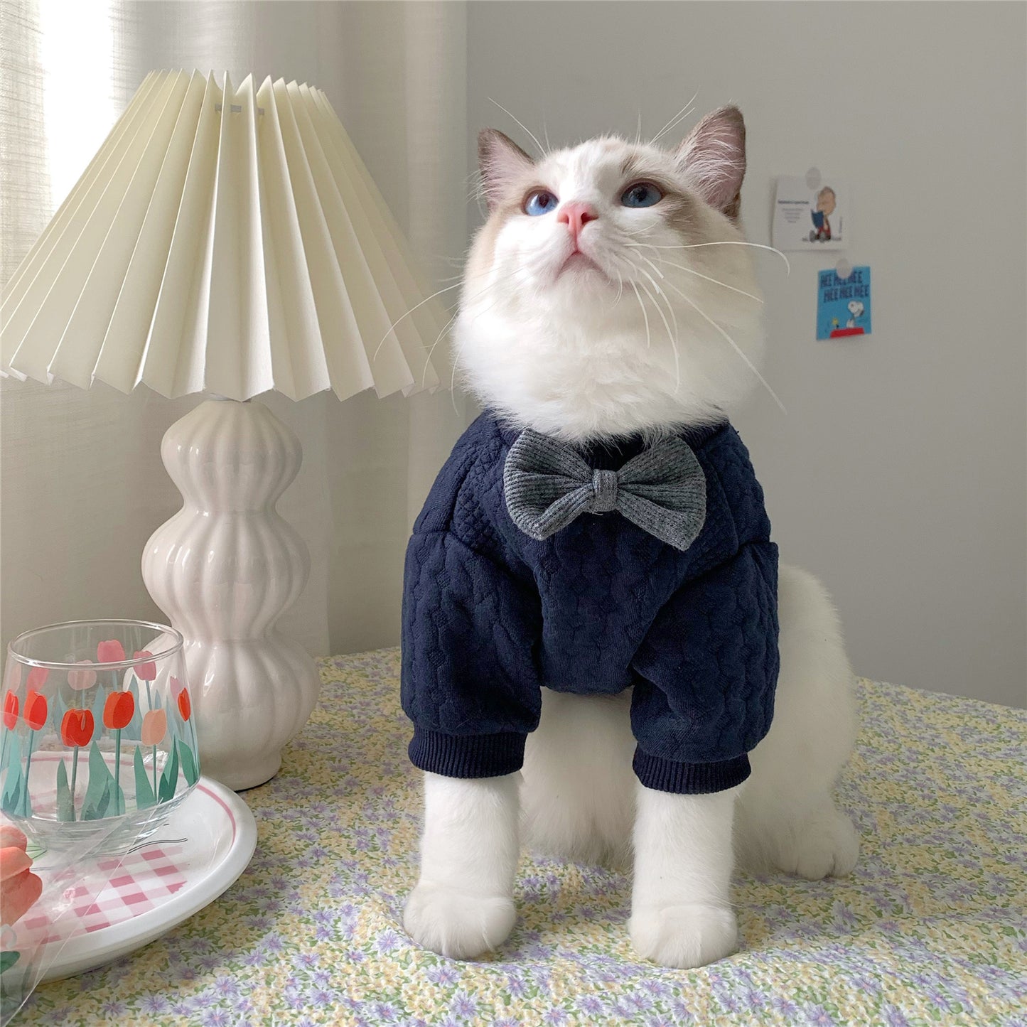 Warm Navy Blue Bow Tie Cat Sweater