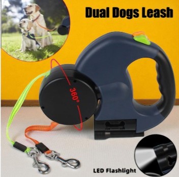 360 Swivel Retractable Reflective Dual Pet Leash W LED Flashlight