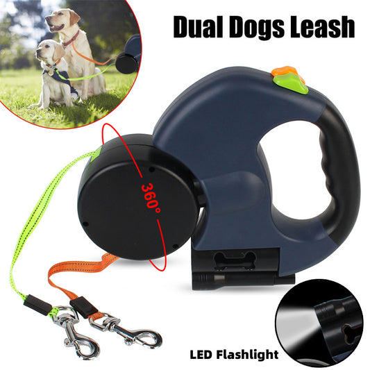 360 Swivel Retractable Reflective Dual Pet Leash W LED Flashlight